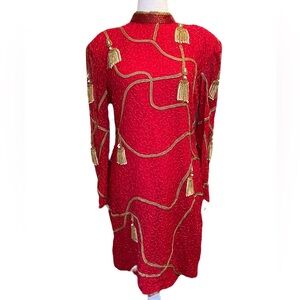 Vintage Beaded Silk Made in India Knee Length Red Dress